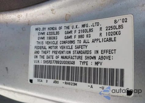 2002 Honda Cr-V Ex z USA, uszkodzony, nr VIN SHSRD77892U009048